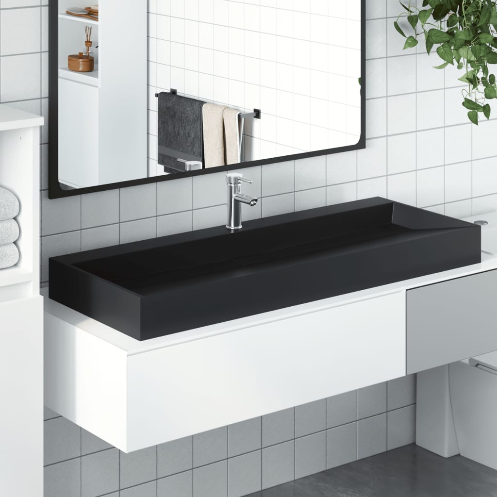 Vetonek Lavabo de fundición de mineral/mármol negro mate 120x46x11 cm