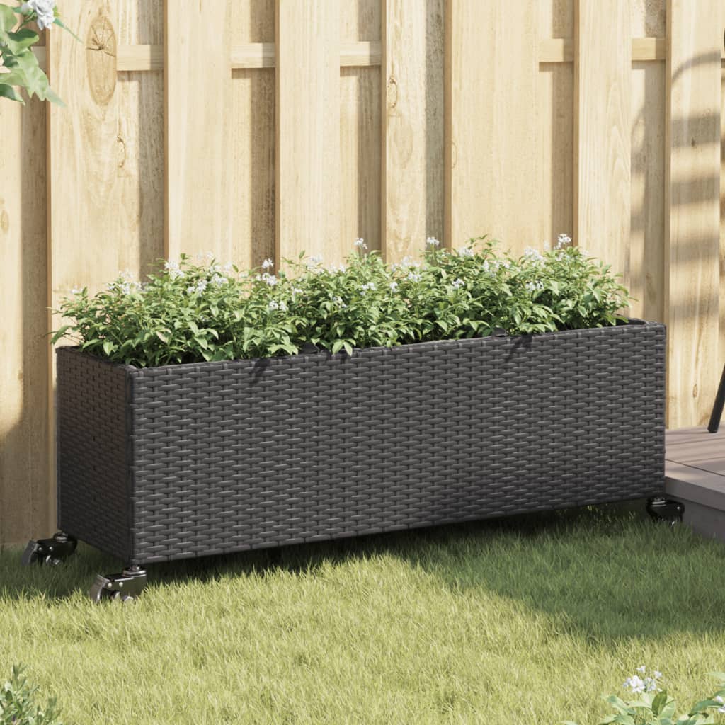 Vetonek Jardinera con ruedas y 3 maceteros ratán PE negro 107x32x38 cm