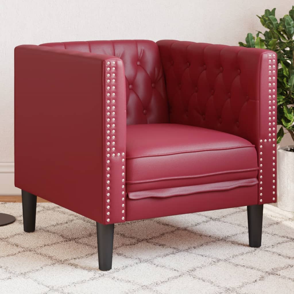 Vetonek Sillón Chesterfield de cuero artificial rojo tinto