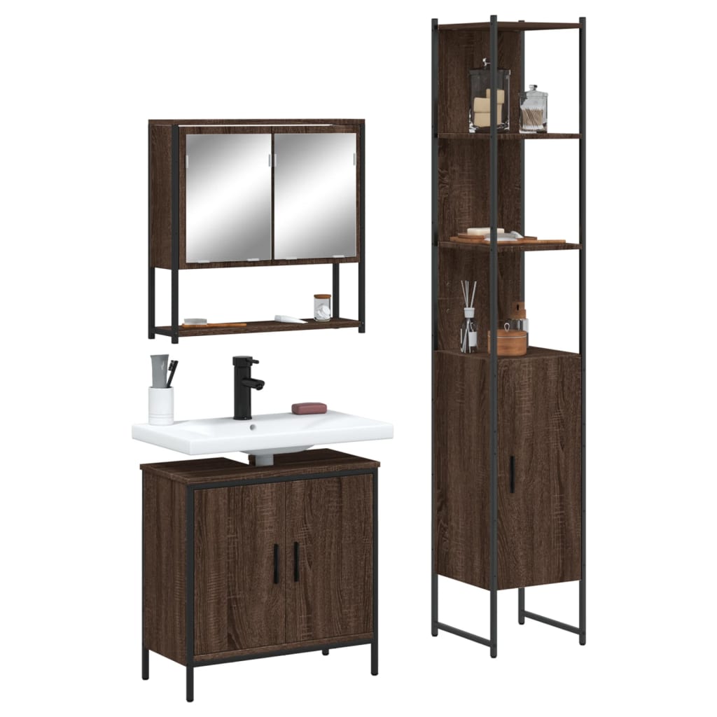 Vetonek Set de muebles baño 3 pzas madera contrachapada roble marrón