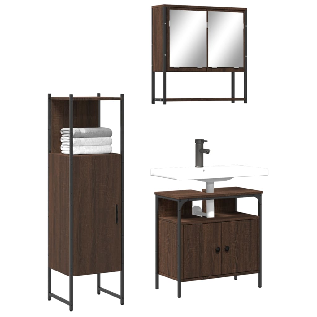 Vetonek Set de muebles baño 3 pzas madera contrachapada roble marrón