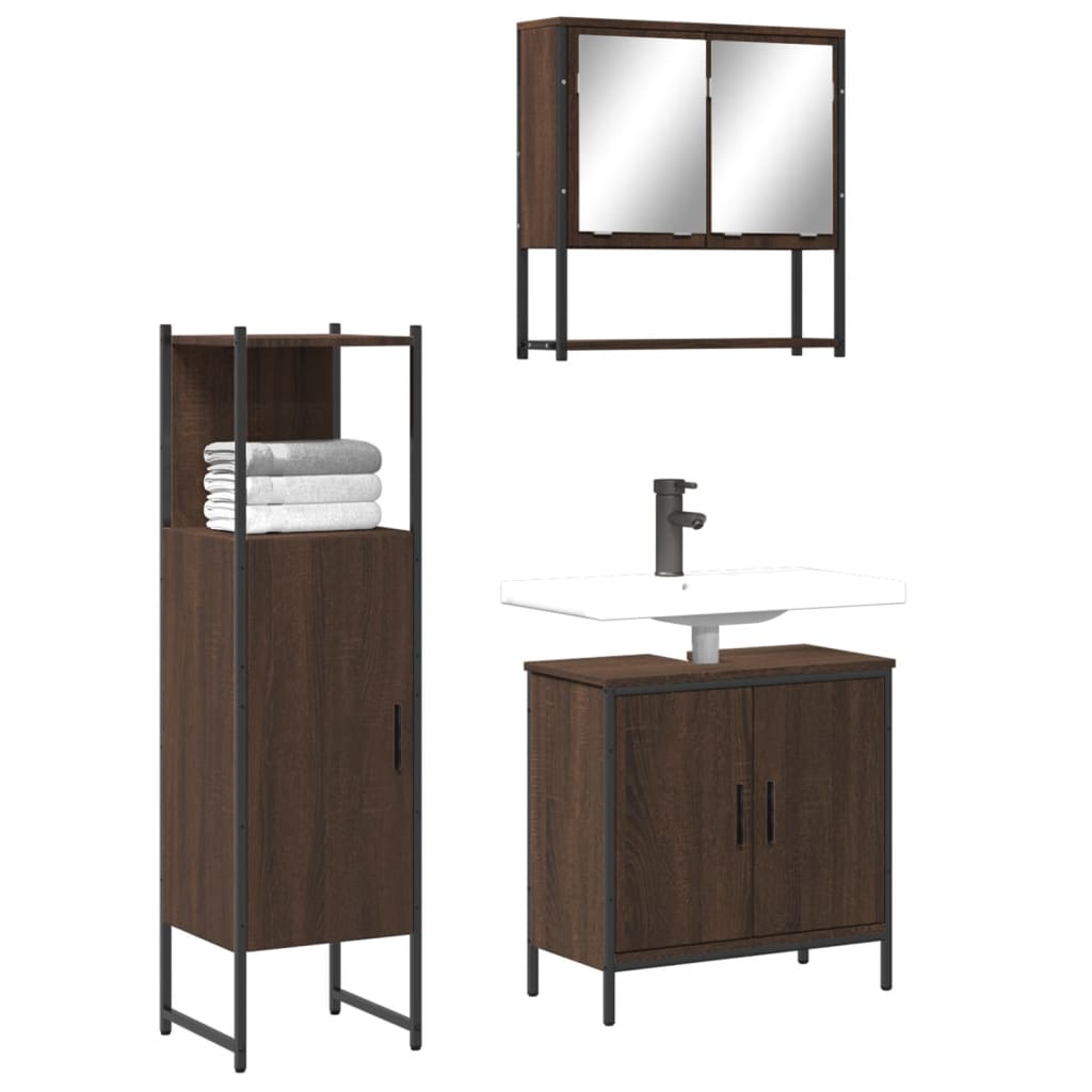 Vetonek Set de muebles baño 3 pzas madera contrachapada roble marrón