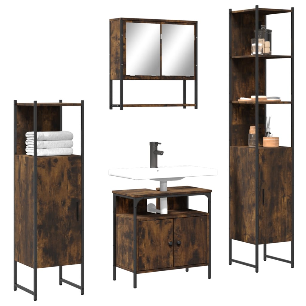 Vetonek Set de muebles baño 4 pzas madera contrachapada roble ahumado