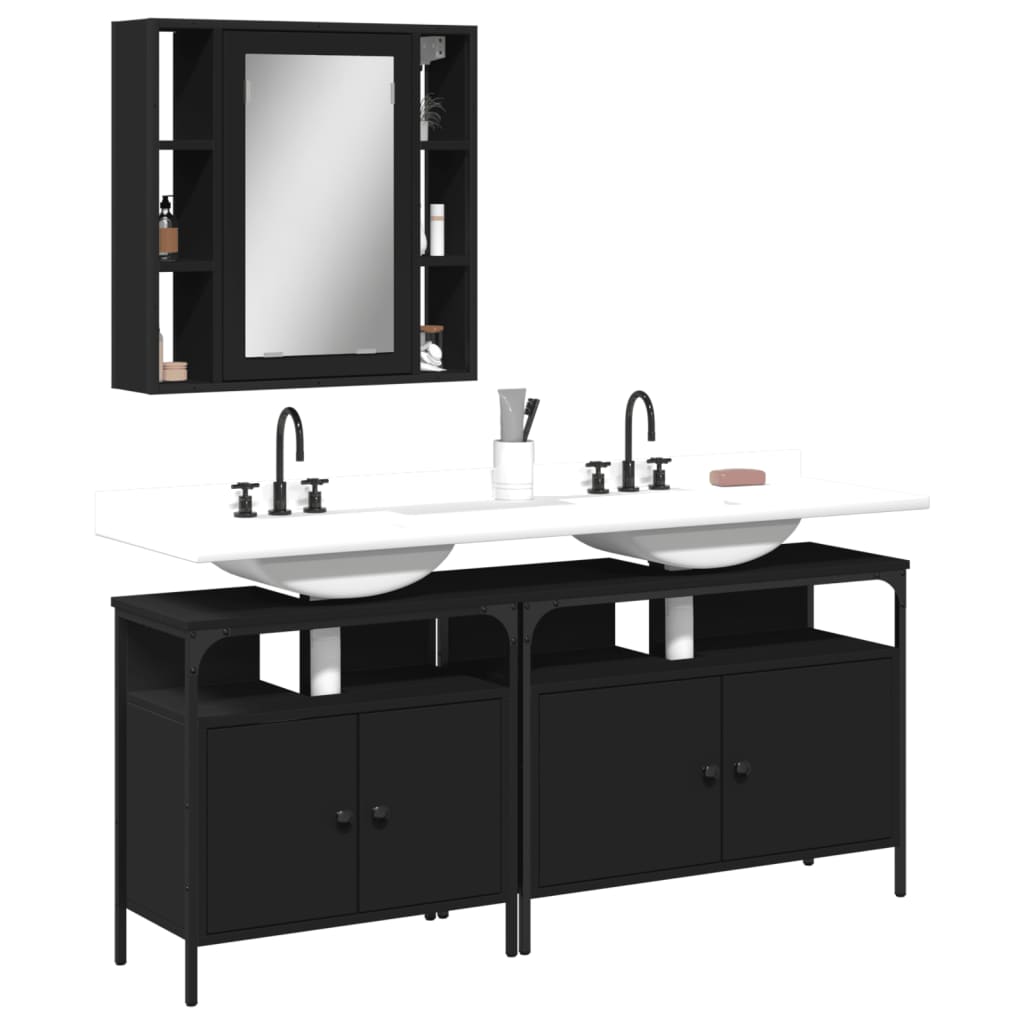 Vetonek Set de muebles de baño 3 piezas madera contrachapada negro