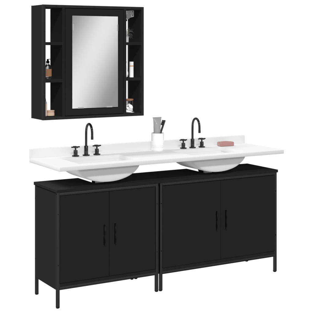 Vetonek Set de muebles de baño 3 piezas madera contrachapada negro