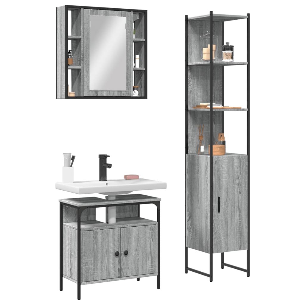 Vetonek Set de muebles de baño 3 pzas madera contrachapada gris sonoma