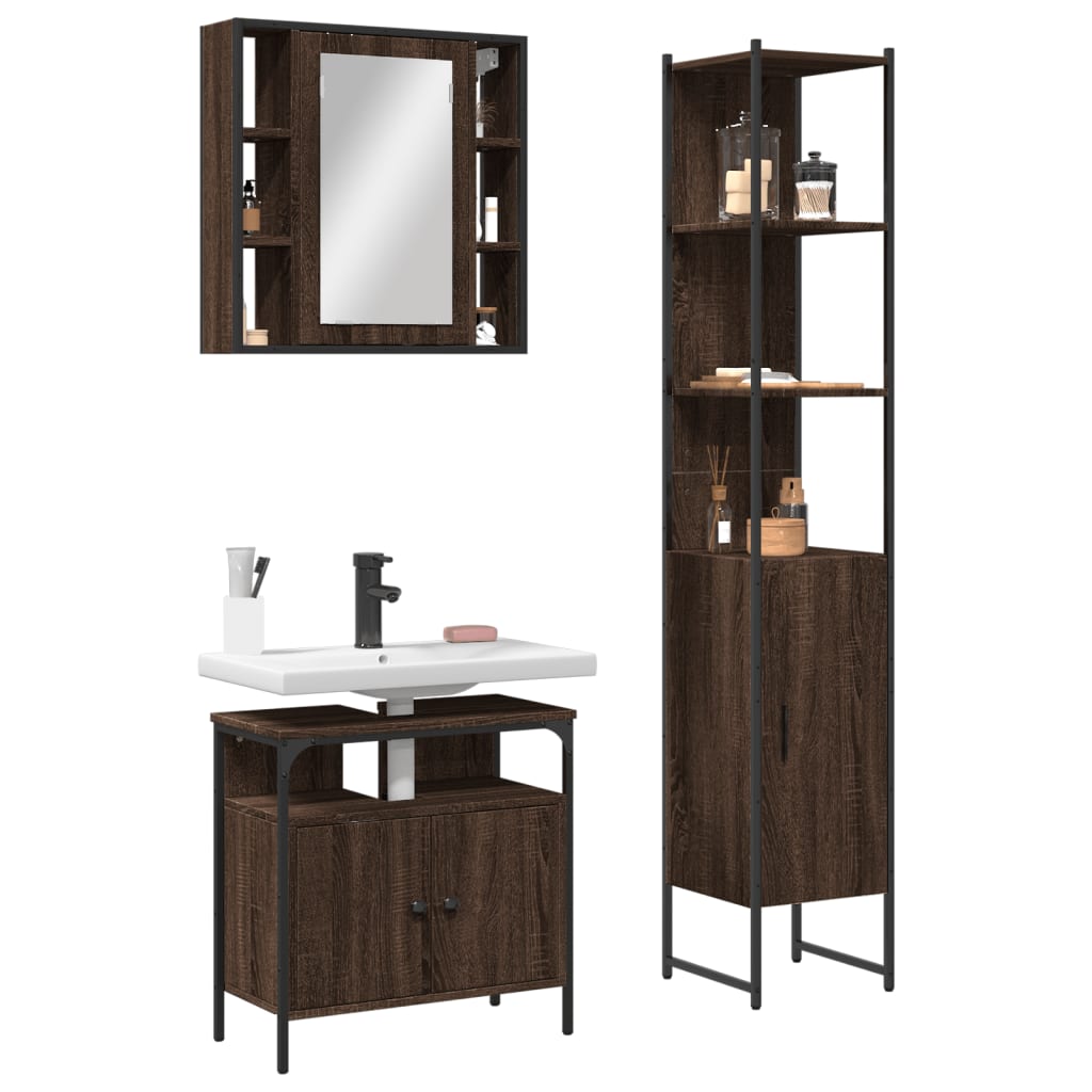 Vetonek Set de muebles de baño 3 pzas madera contrachapada roble marrón