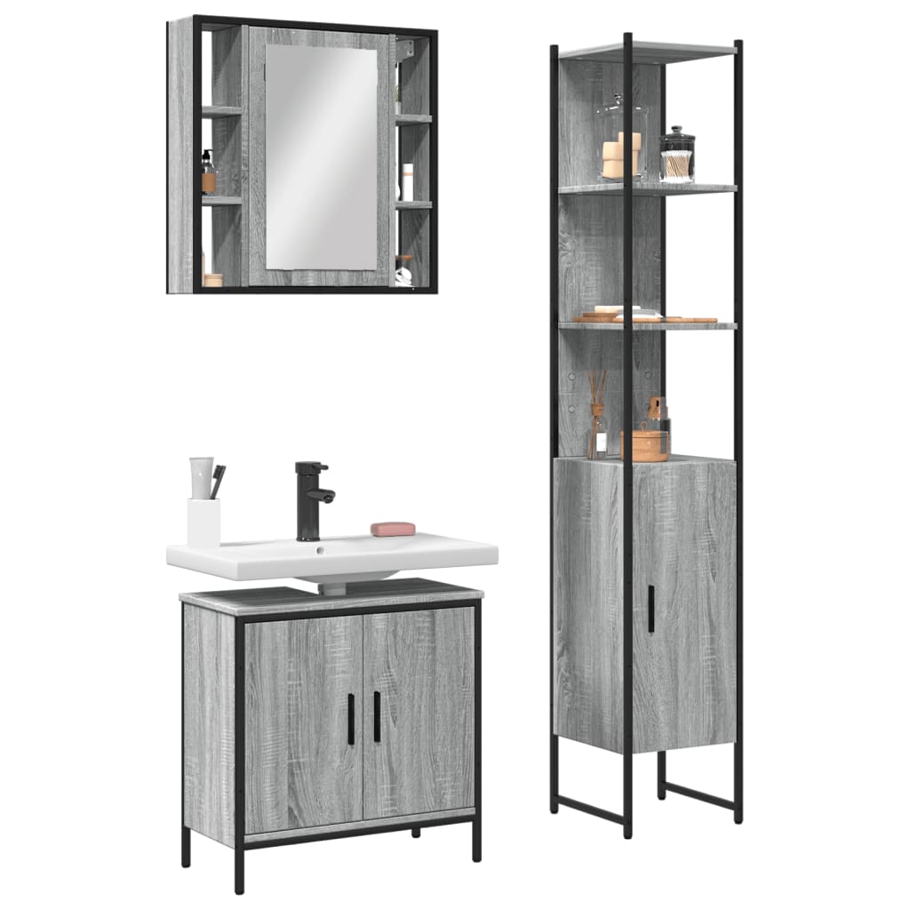 Vetonek Set de muebles de baño 3 pzas madera contrachapada gris sonoma