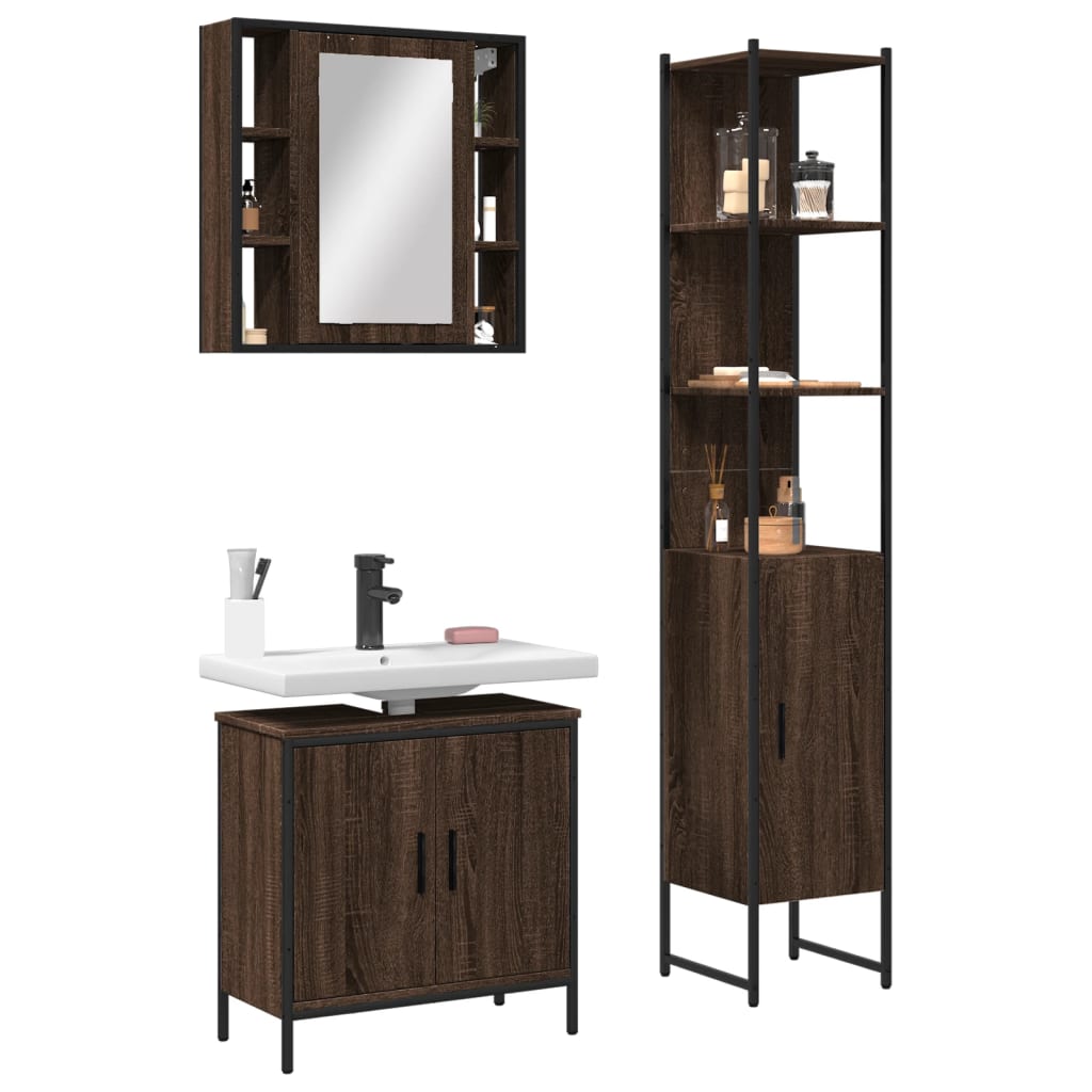 Vetonek Set de muebles de baño 3 pzas madera contrachapada roble marrón