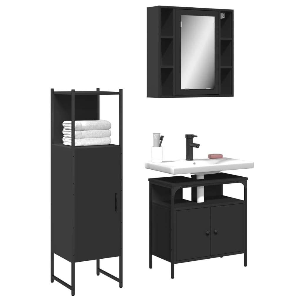 Vetonek Set de muebles de baño 3 piezas madera contrachapada negro