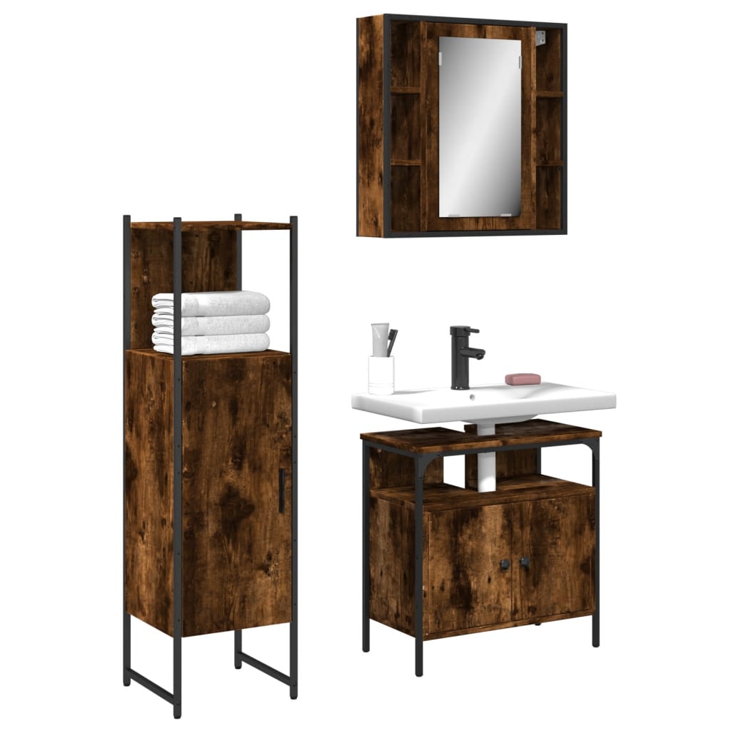 Vetonek Set de muebles baño 3 pzas madera contrachapada roble ahumado