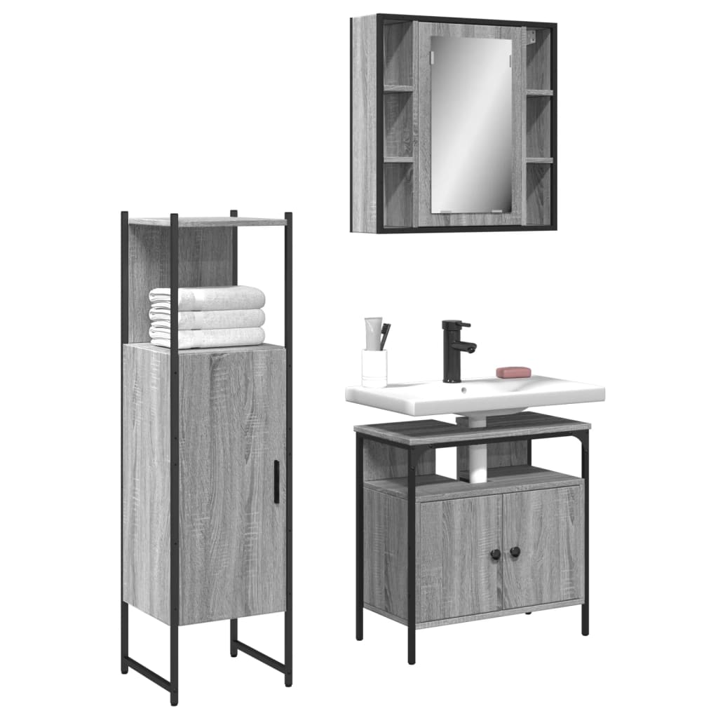 Vetonek Set de muebles de baño 3 pzas madera contrachapada gris sonoma