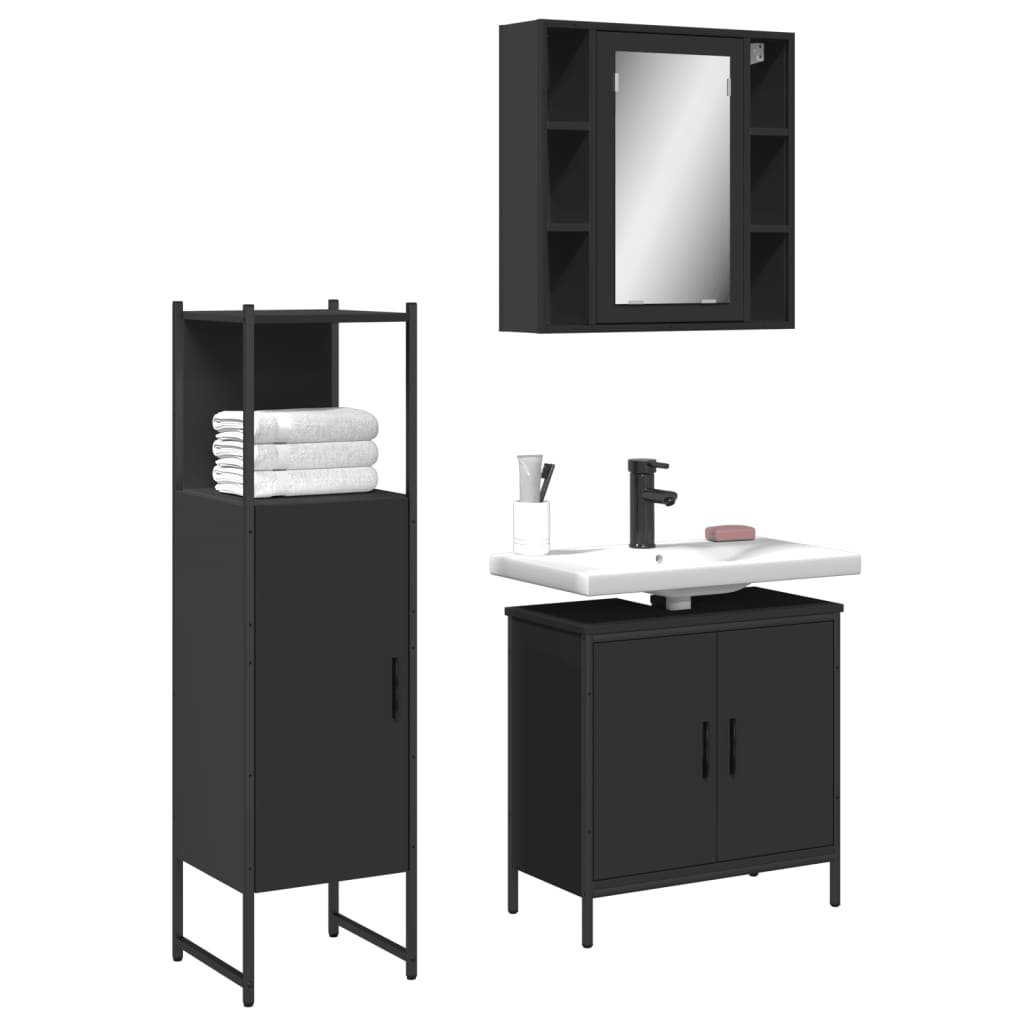 Vetonek Set de muebles de baño 3 piezas madera contrachapada negro