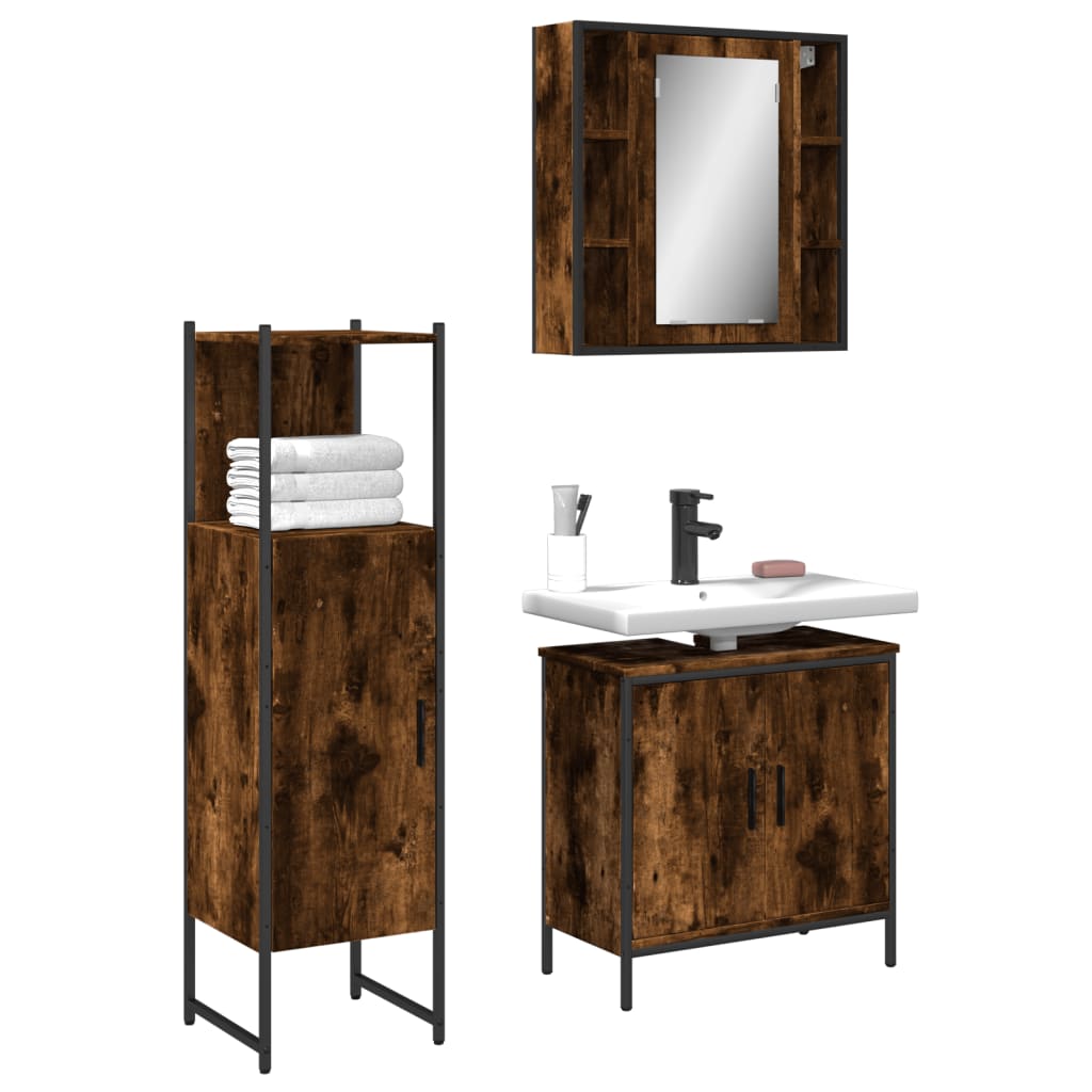 Vetonek Set de muebles baño 3 pzas madera contrachapada roble ahumado