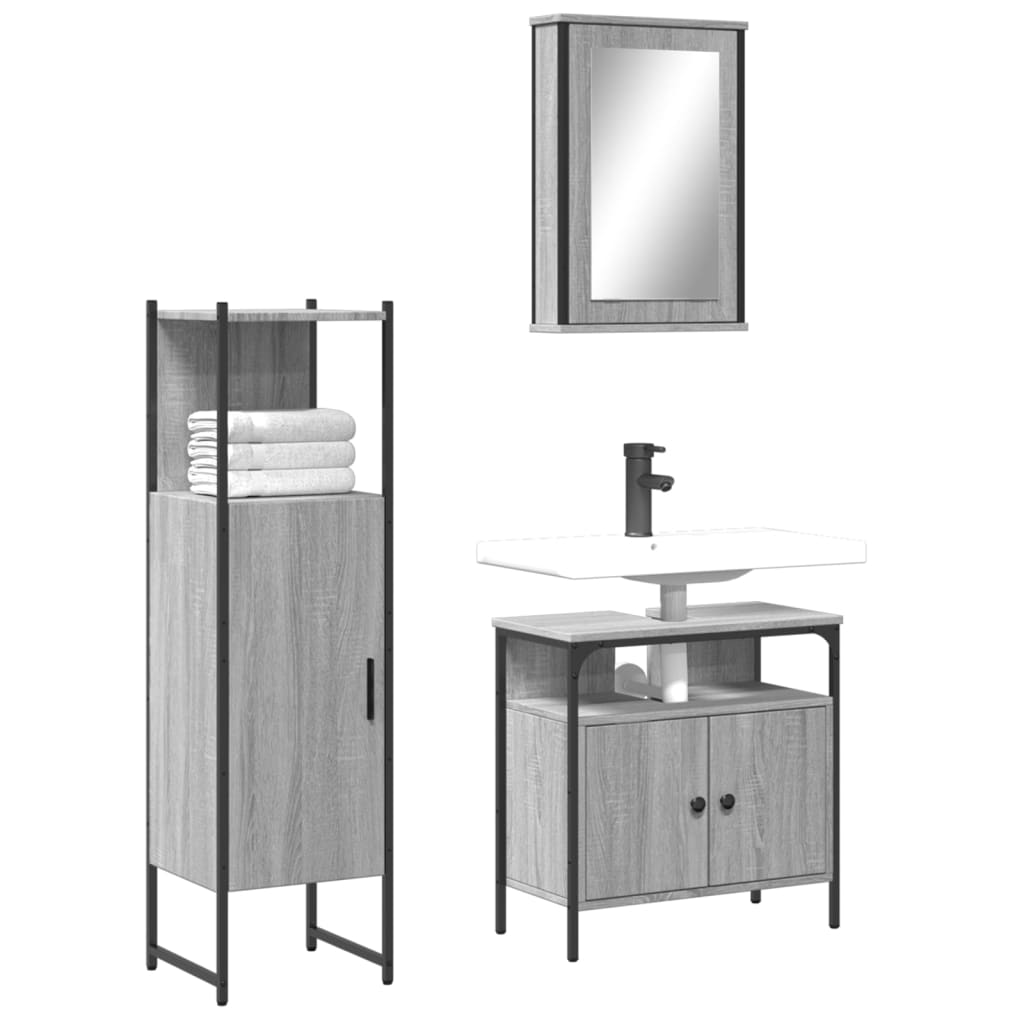 Vetonek Set de muebles de baño 3 pzas madera contrachapada gris sonoma