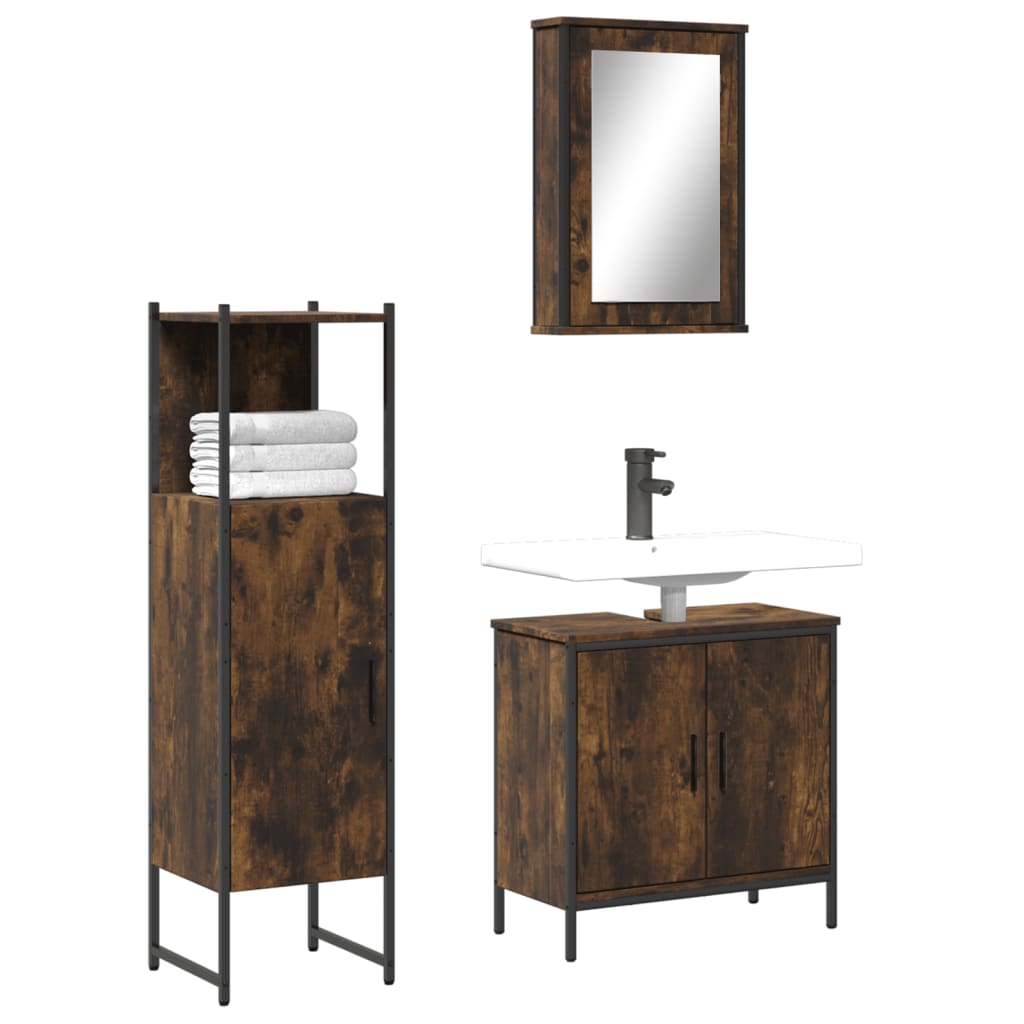 Vetonek Set de muebles baño 3 pzas madera contrachapada roble ahumado