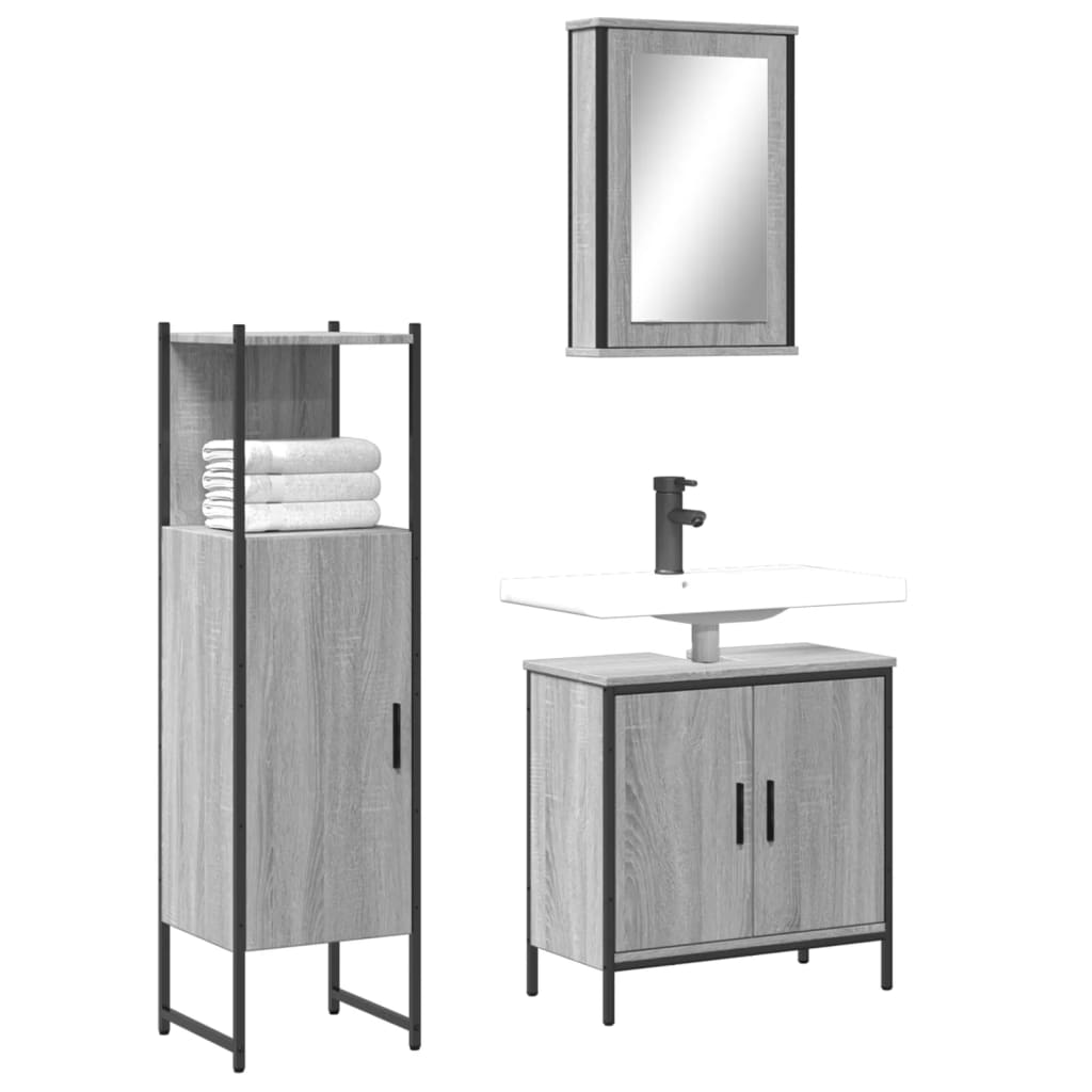 Vetonek Set de muebles de baño 3 pzas madera contrachapada gris sonoma