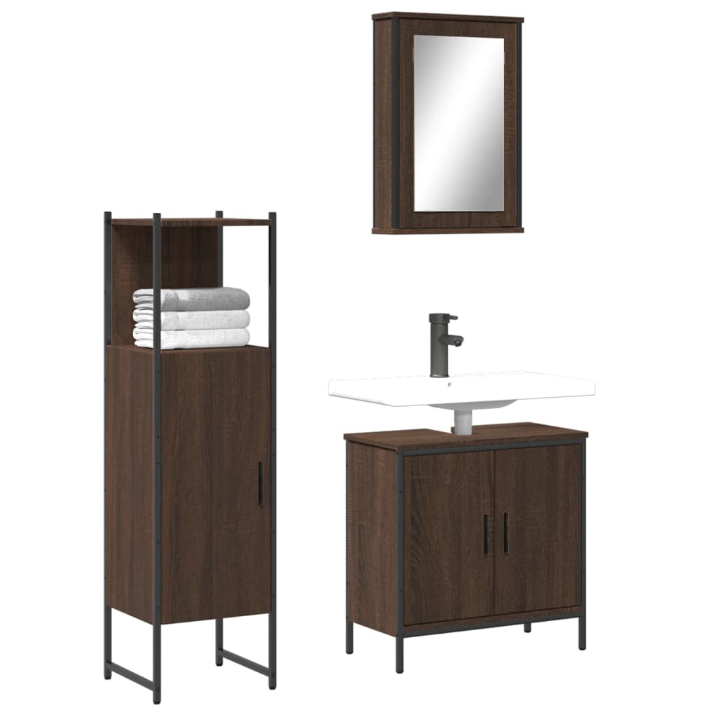 Vetonek Set de muebles baño 3 pzas madera contrachapada roble marrón