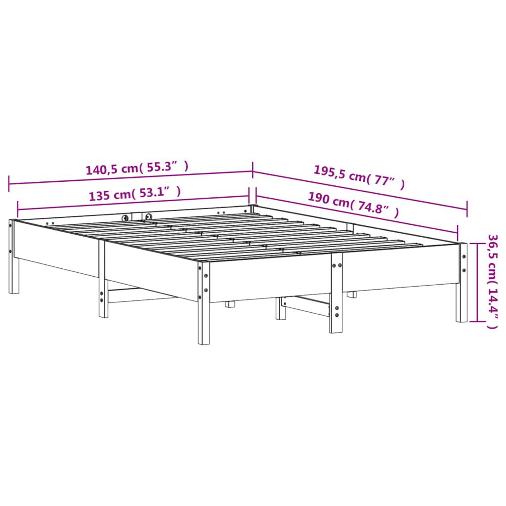 Bed without white pine wooden structure 135x190 cm