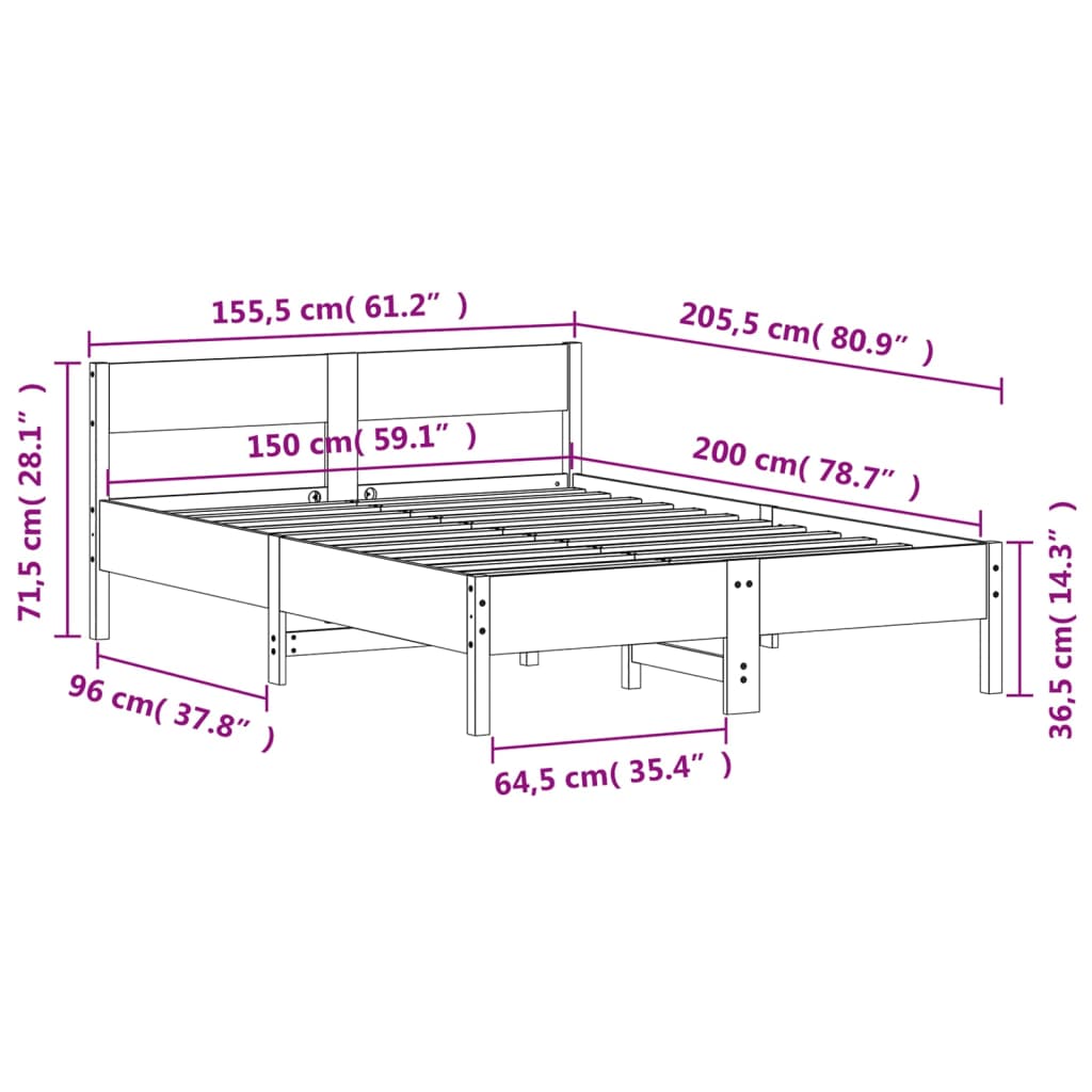 Bed without white pine wood structure 150x200 cm