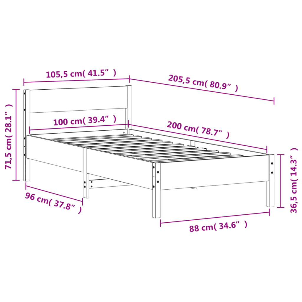 Cama sem colchão quarto pinho branco 100x200cm