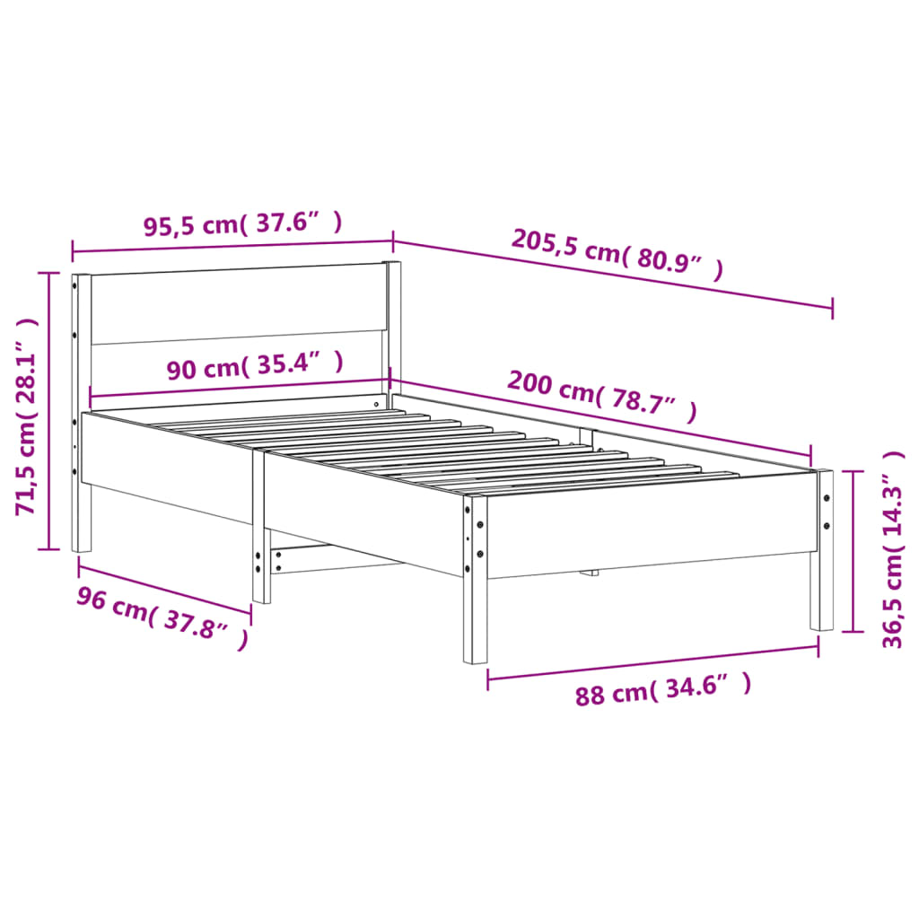 Brown pine wood without mattress bed 90x200 cm