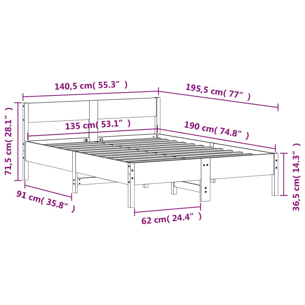 Bed without white pine wooden structure 135x190 cm