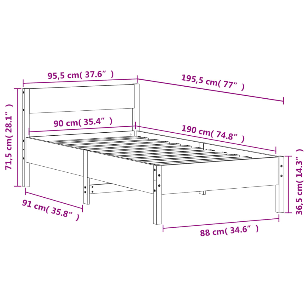 Estrutura da cama sem colchão Solid Pine 90x190 cm