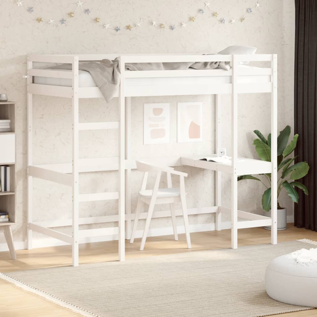 Cama alta com mesa em madeira maciça de pinho branco 90x190 cm v9840 Vetonek