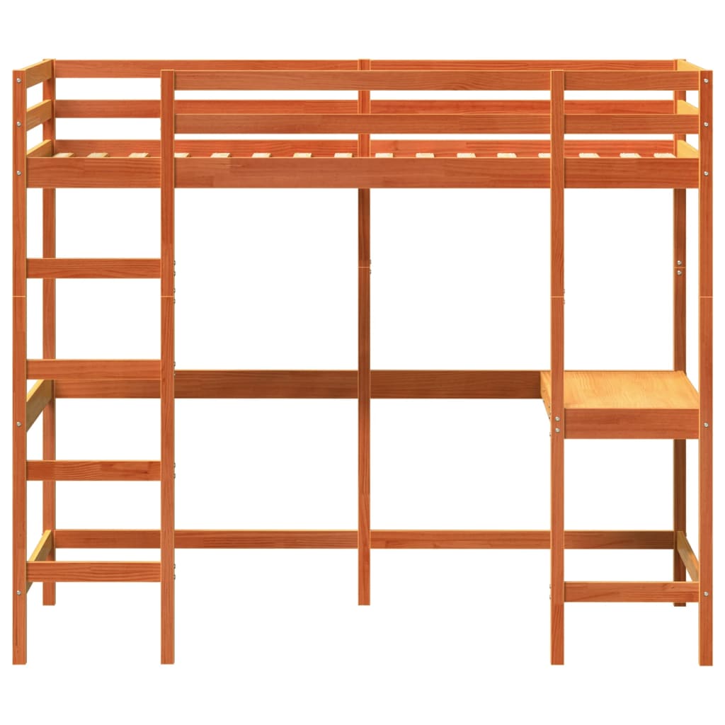 Cama alta com secretária em madeira maciça de pinho castanho 90x190 cm v9857 - Vetonek