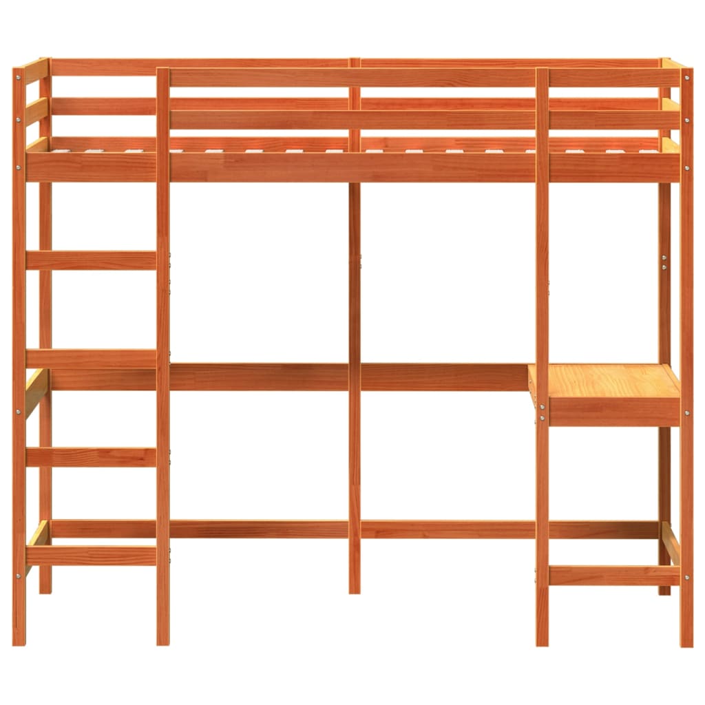 Cama alta com secretária em madeira maciça de pinho castanho 75x190 cm v9888 - Vetonek