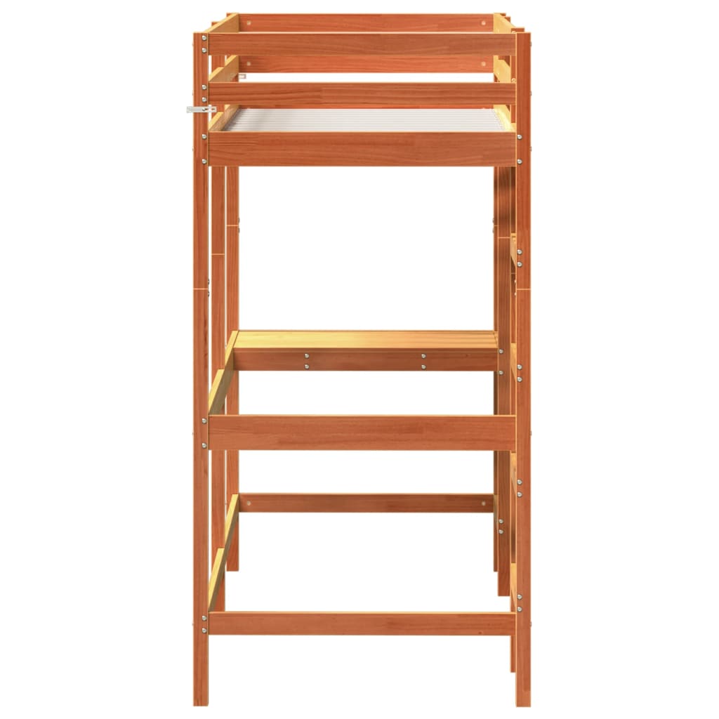 Cama alta com secretária em madeira maciça de pinho castanho 75x190 cm v9888 - Vetonek