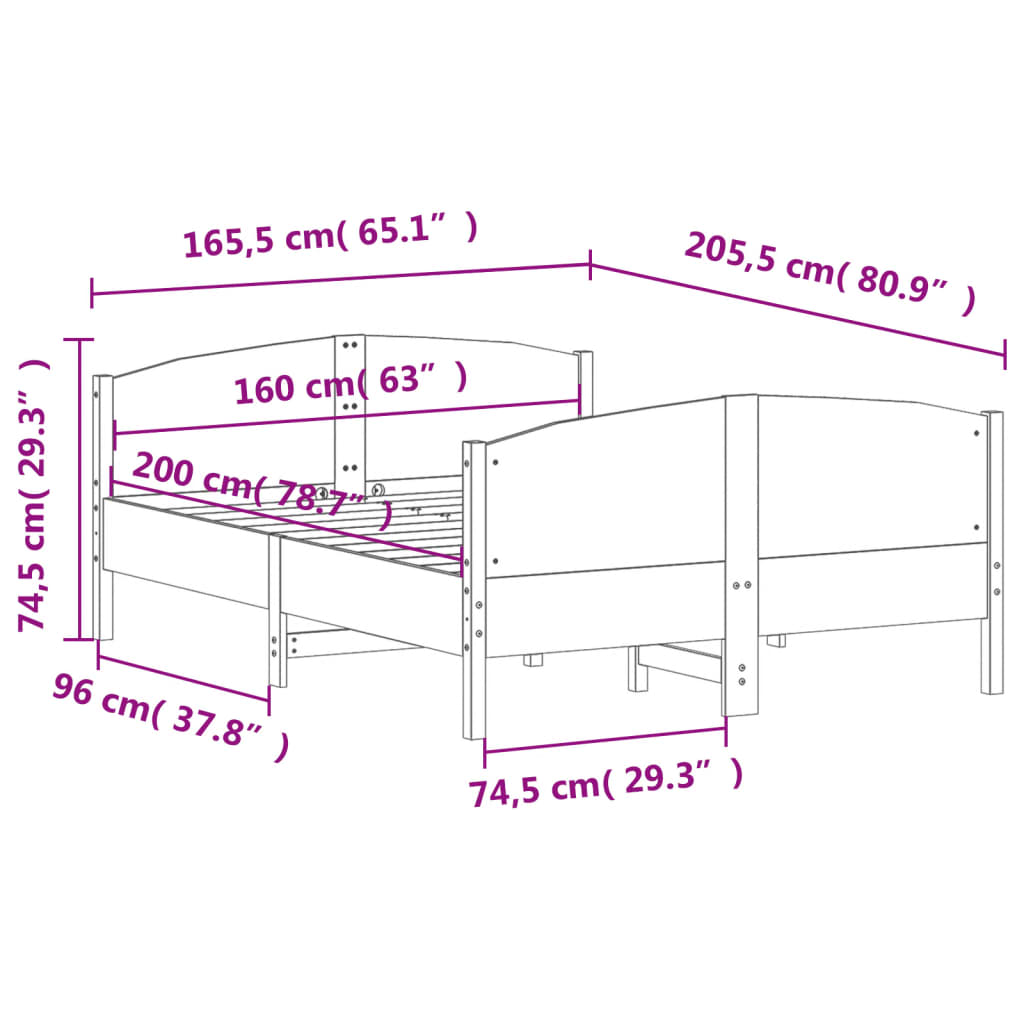 Estructura de cama sin colchón madera maciza de pino 160x200 cm