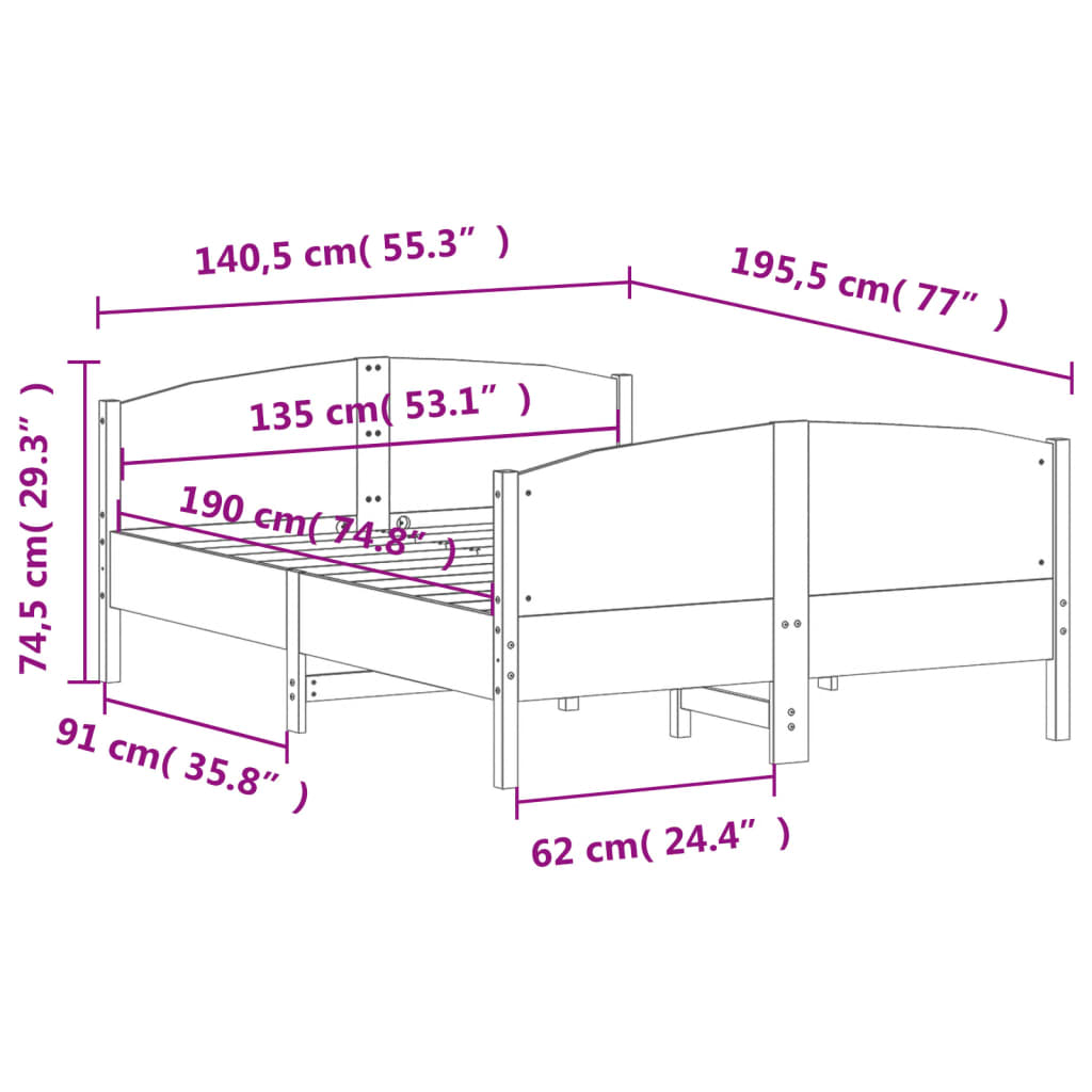 Bed structure without mattress wood solid pine 135x190 cm