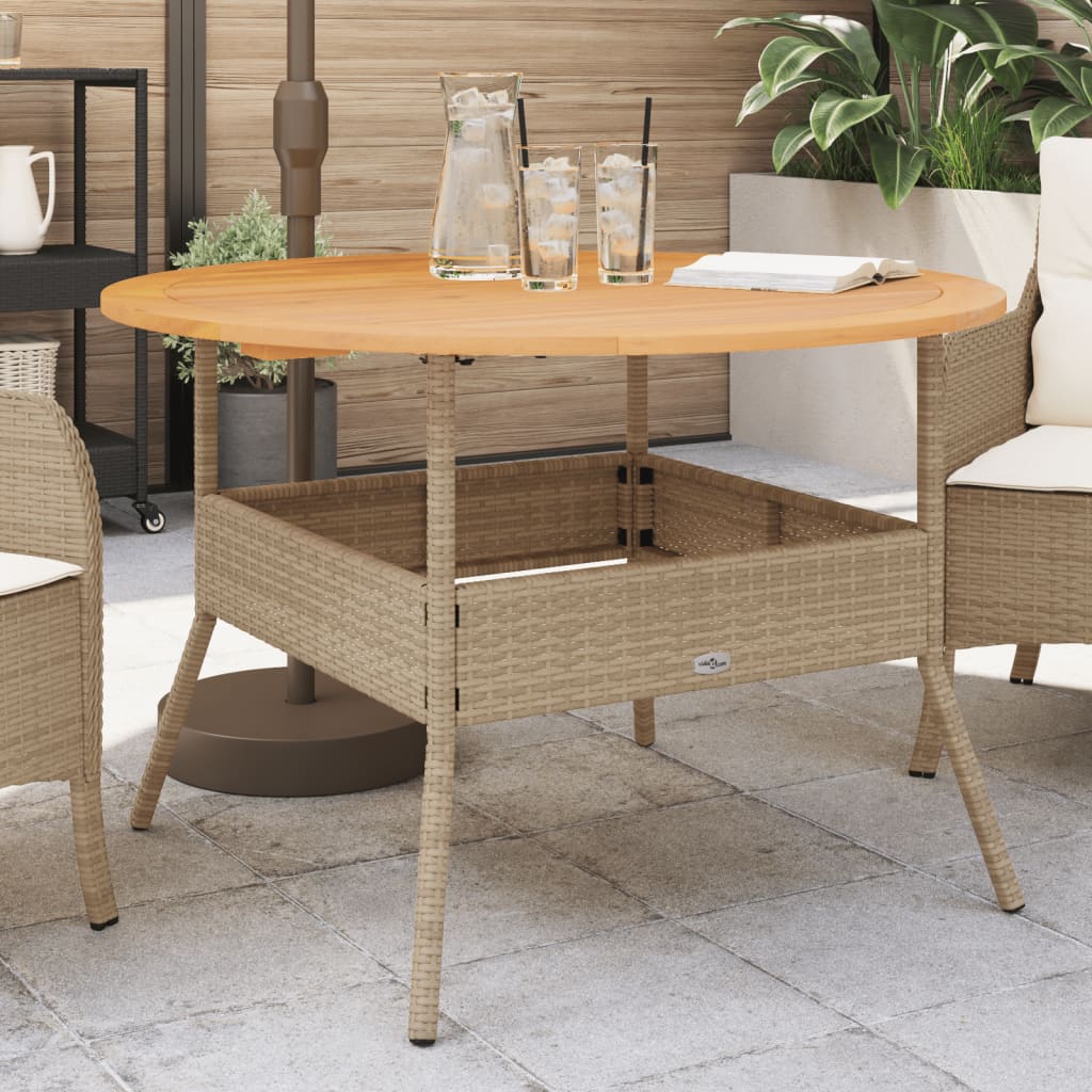 Vetonek Mesa de jardín superficie de madera ratán PE beige Ø110x71 cm