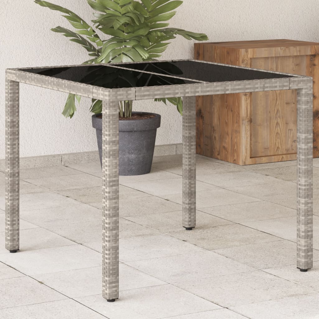 Vetonek Mesa de jardín superficie vidrio ratán PE gris claro 90x90x75cm