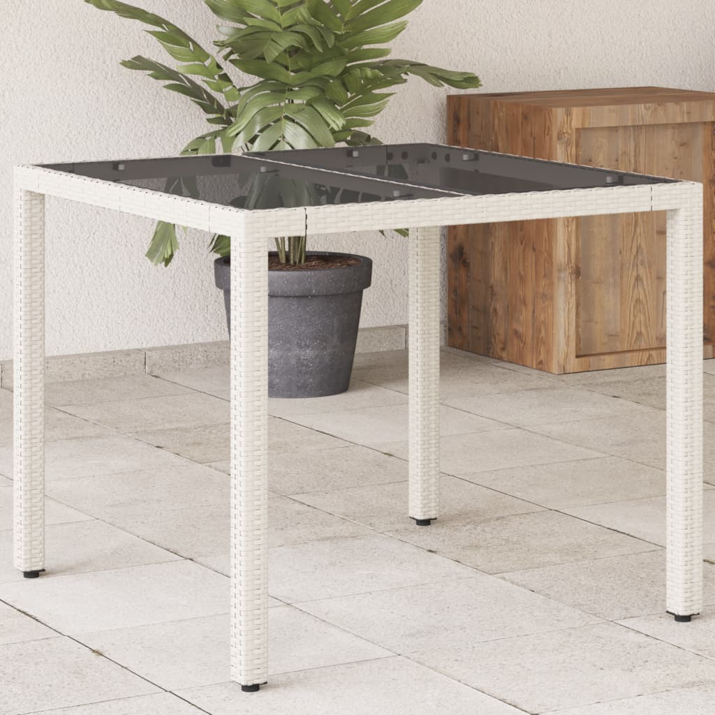 Vetonek Mesa de jardín superficie de vidrio ratán PE blanco 90x90x75 cm