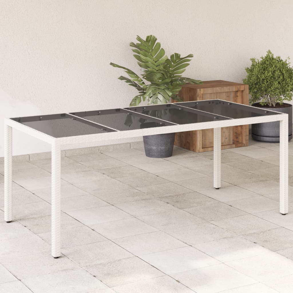 Vetonek Mesa de jardín superficie de vidrio ratán PE blanco 190x90x75cm