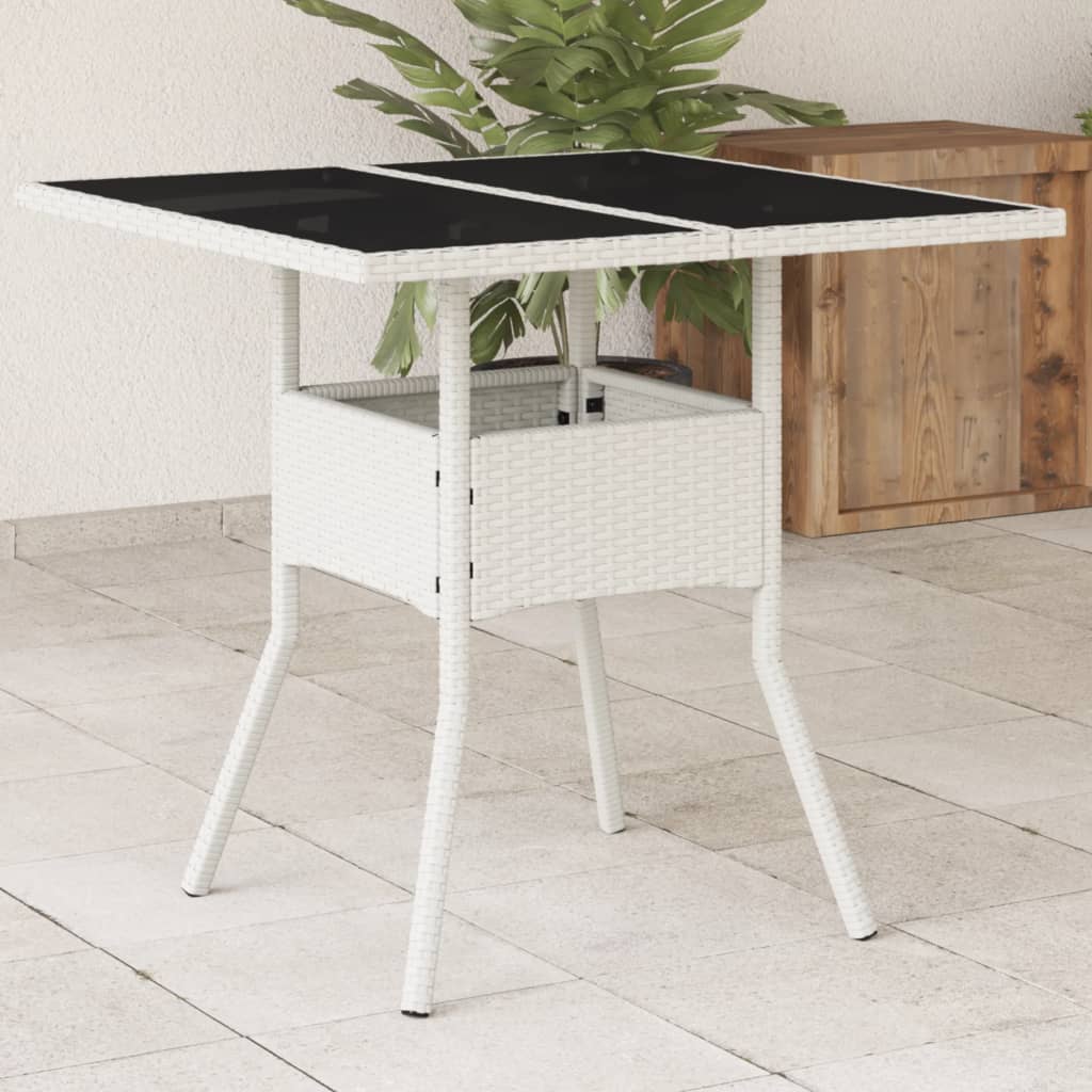 Vetonek Mesa de jardín superficie de vidrio ratán PE blanco 80x80x75 cm