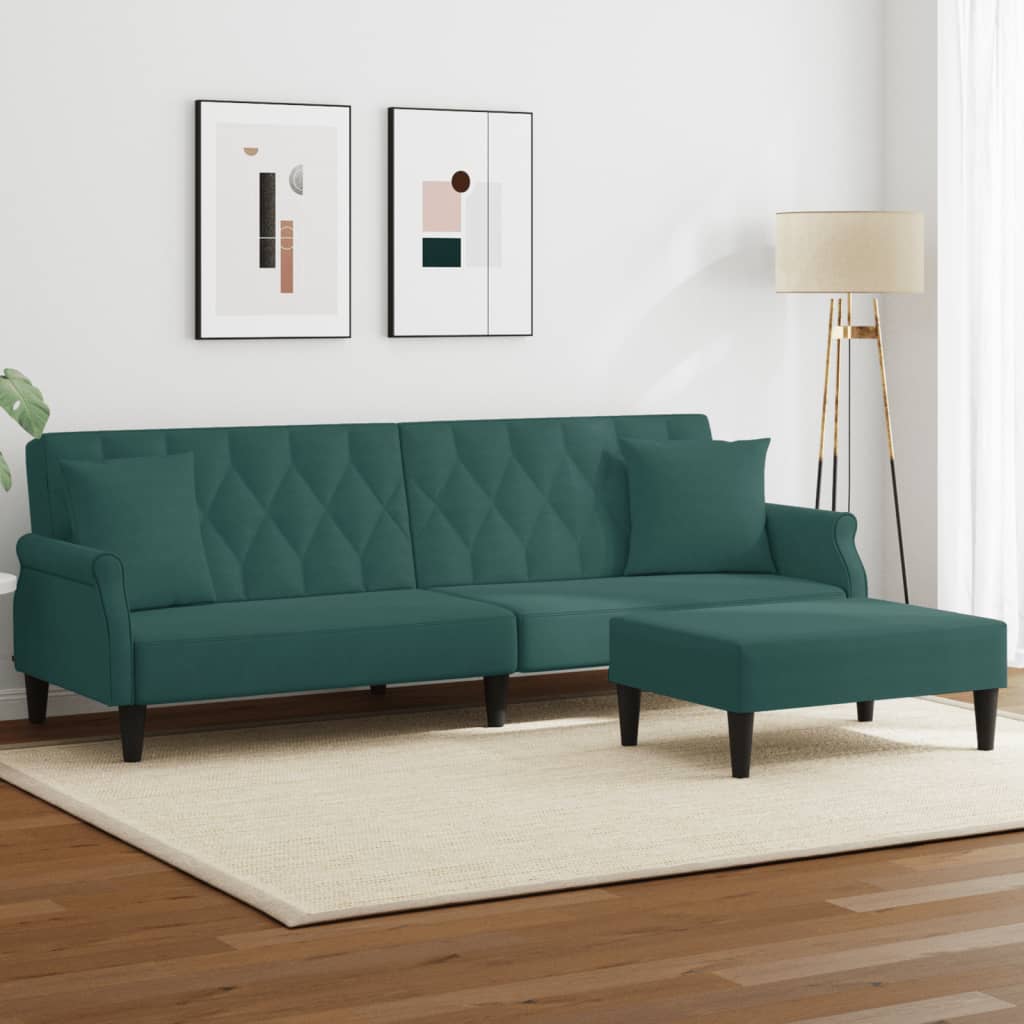 Vetonek Sofá cama 2 plazas y almohadas taburete terciopelo verde oscuro