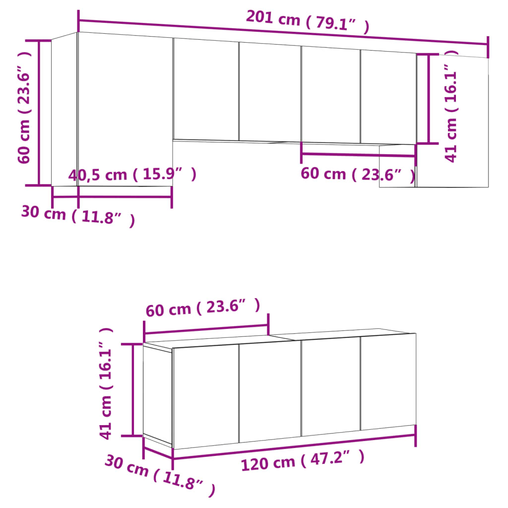 Wall TV furniture 6 pieces white engineering wood