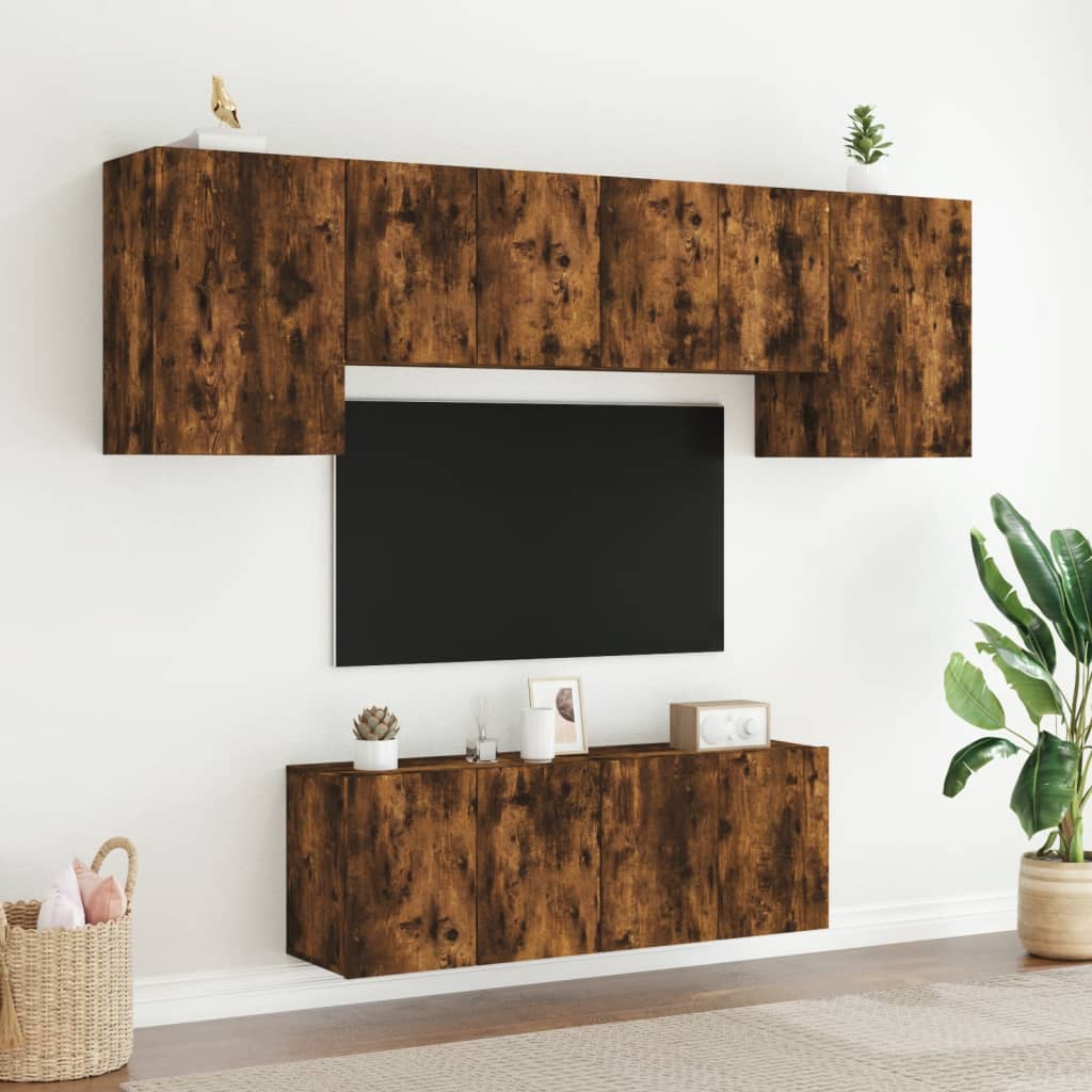 Muebles de TV de pared 6 pzas madera sintetizada Nexus roble ahumado