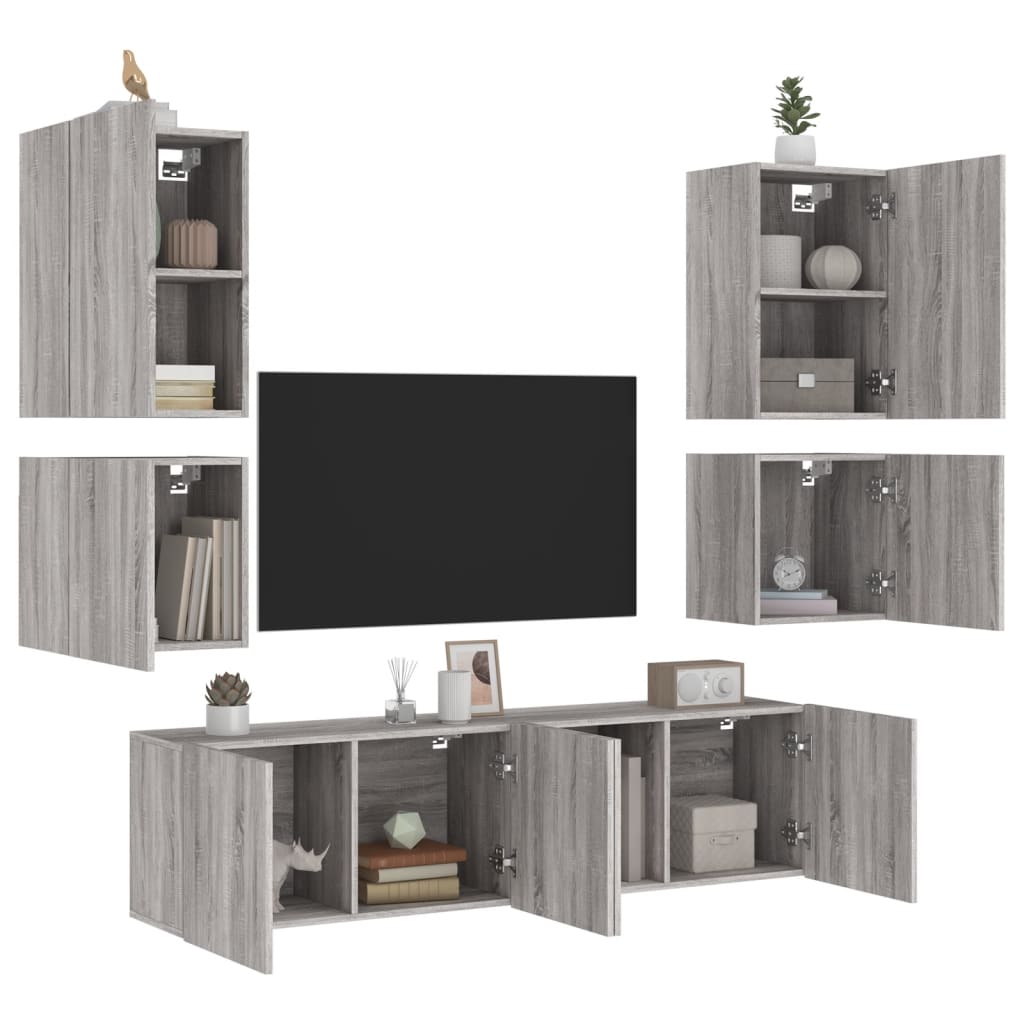 Vetonek Muebles de TV de pared 6 pzas madera de ingeniería gris Sonoma