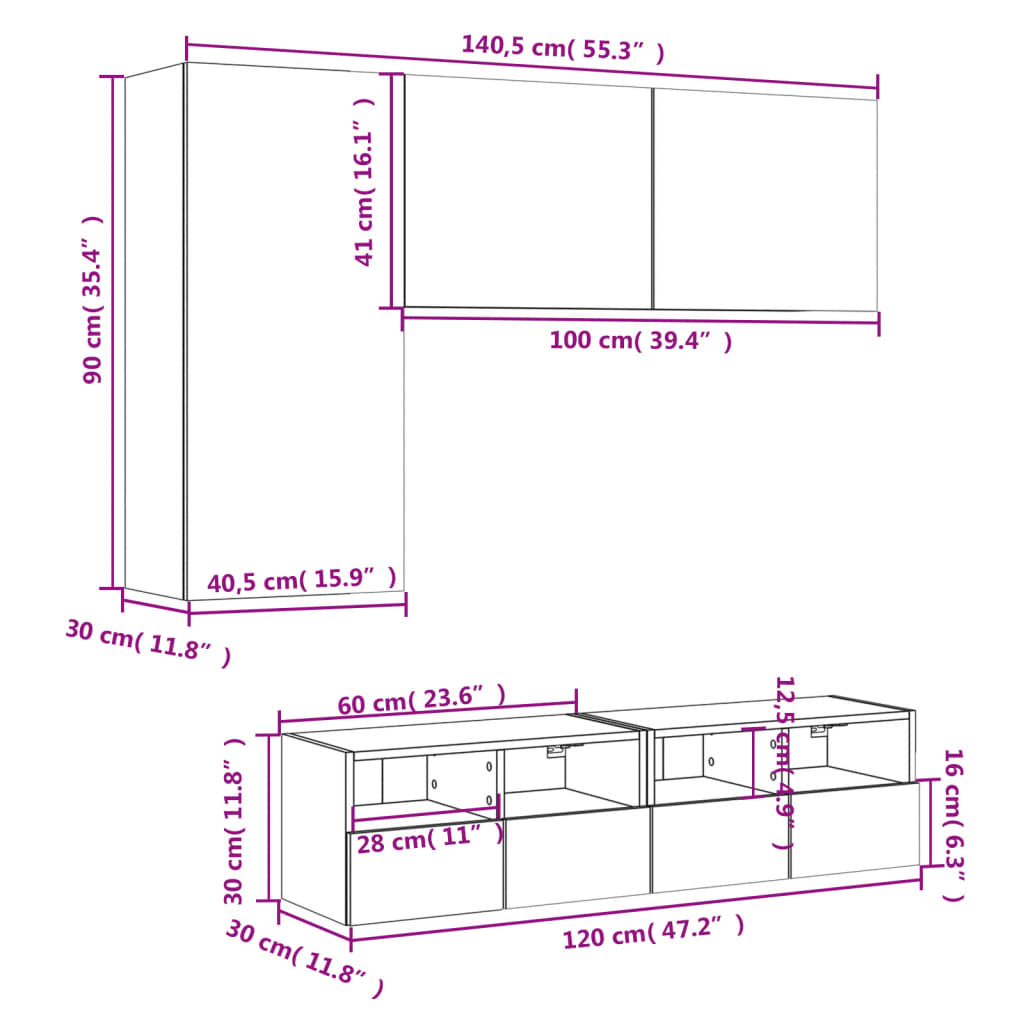 Móveis de TV de parede 4 PCs sintetizados Wood Nexus Gray Concrete