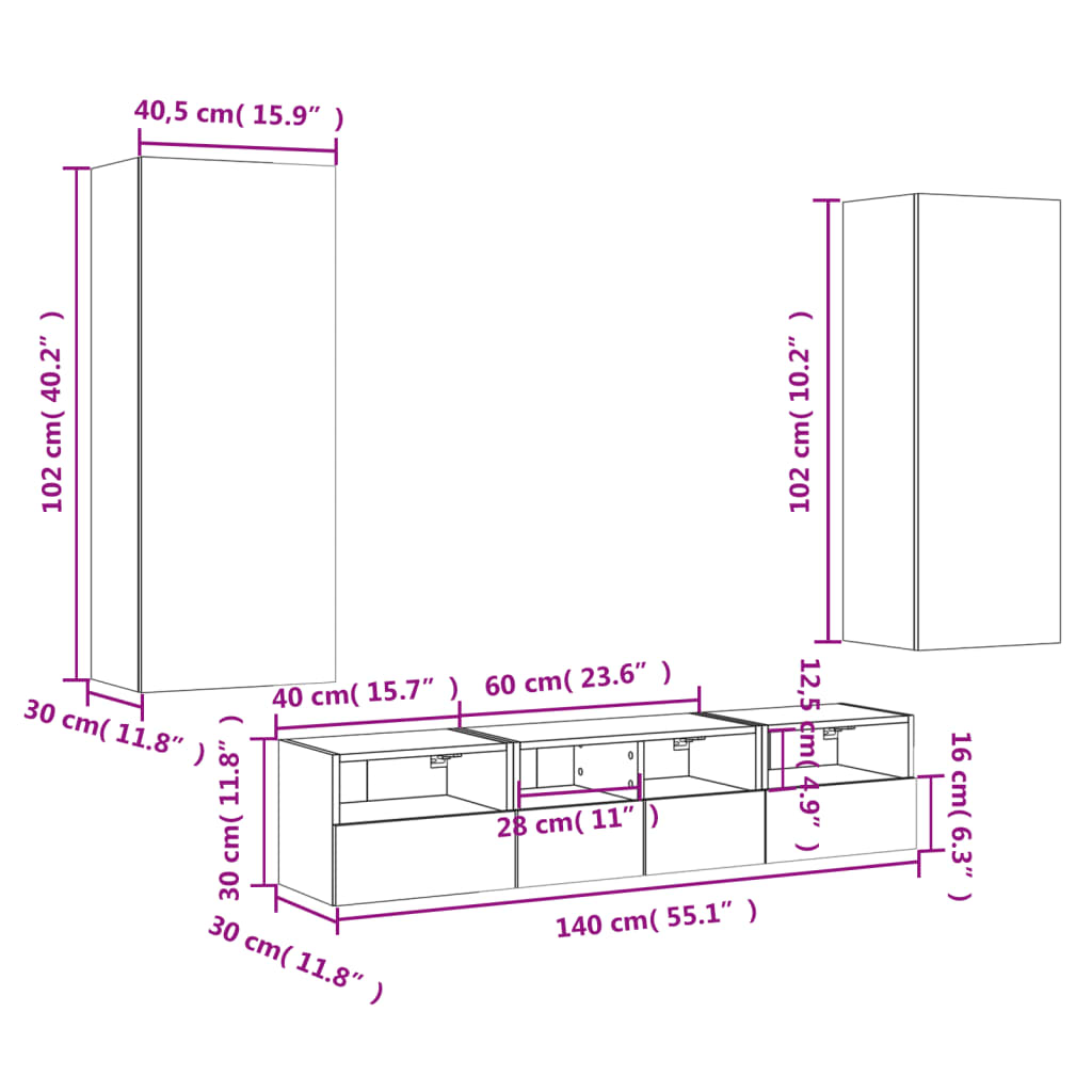 Mobili TV a parete 5 pezzi Black Engineering Wood