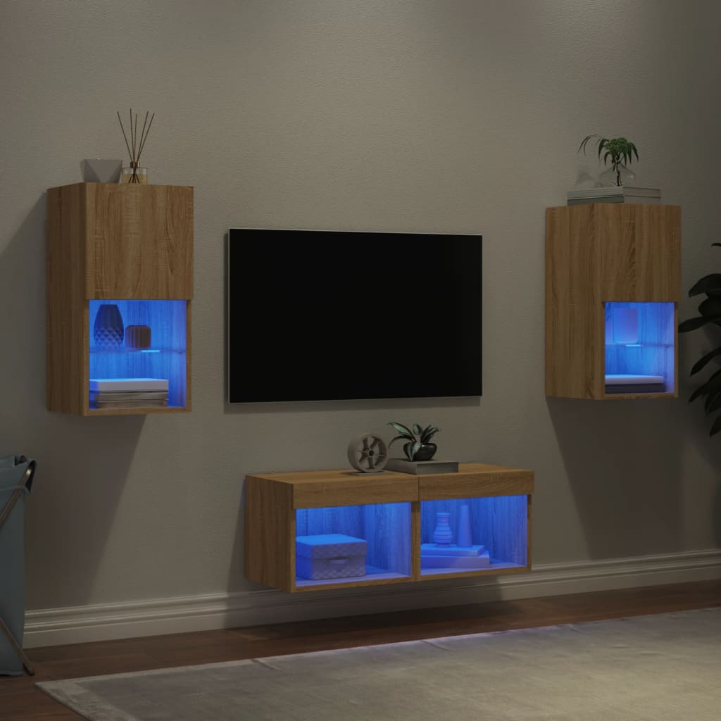 Vetonek Muebles de TV de pared con luces LED 4 piezas roble Sonoma