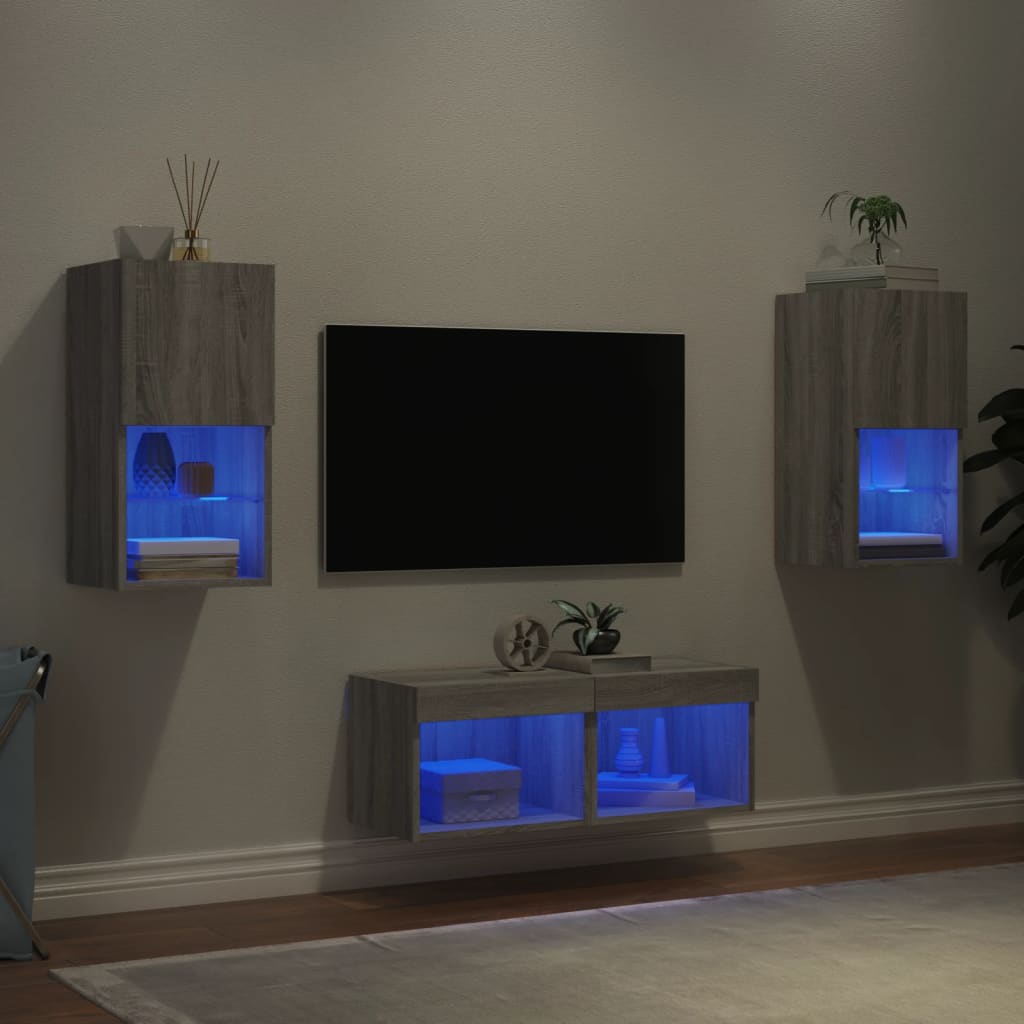 Vetonek Muebles de TV de pared con luces LED 4 piezas gris Sonoma