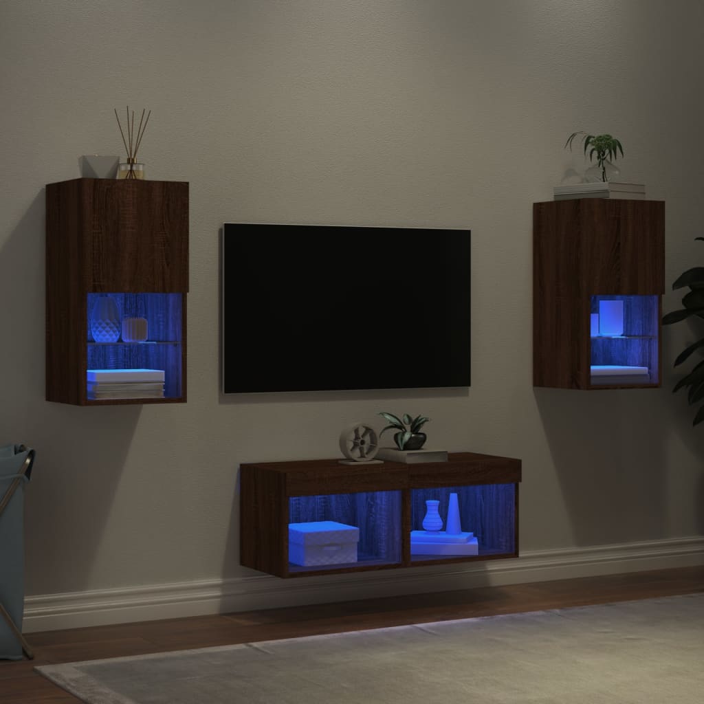 Vetonek Muebles de TV de pared con luces LED 4 piezas marrón roble