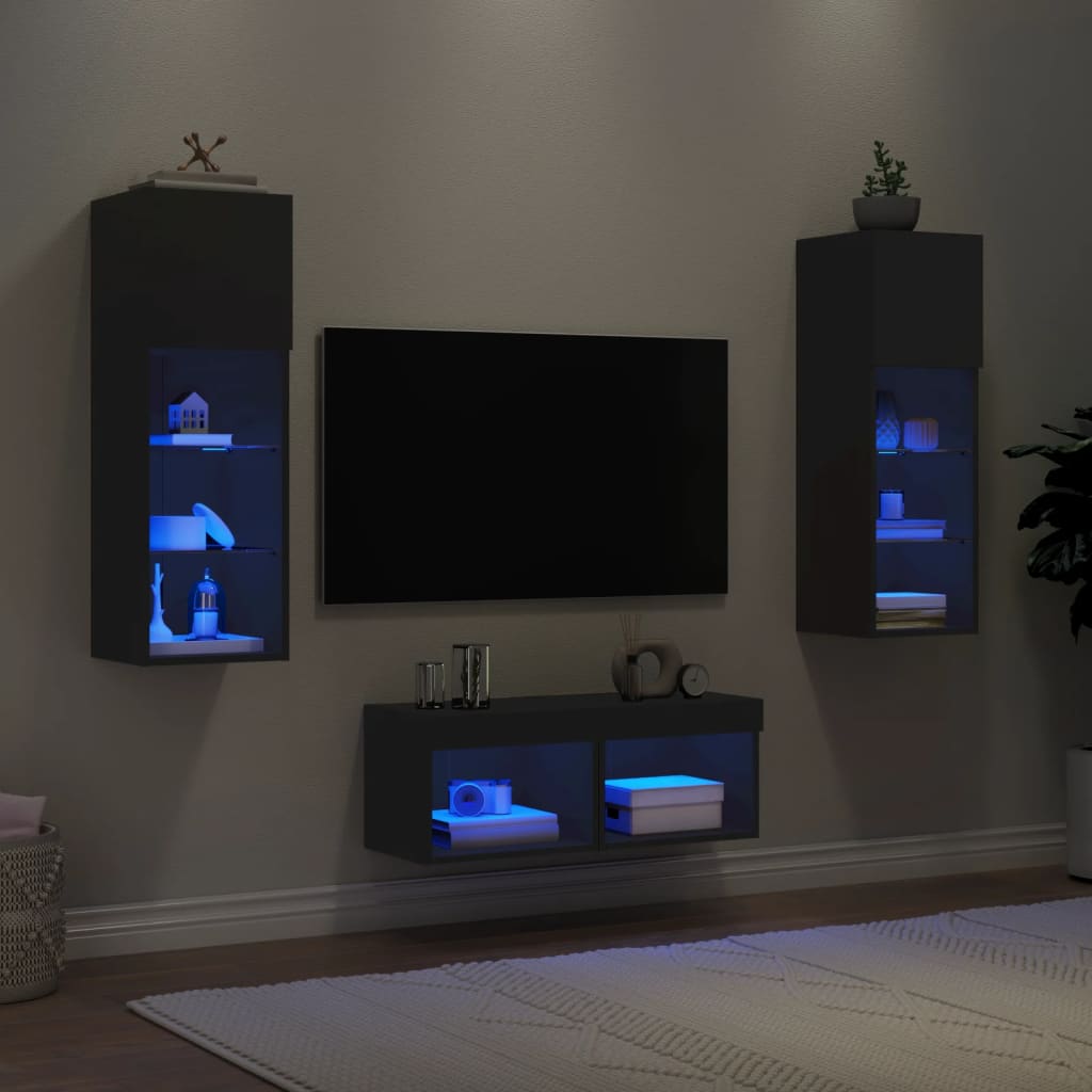 Vetonek Muebles de TV de pared con luces LED 4 piezas negro