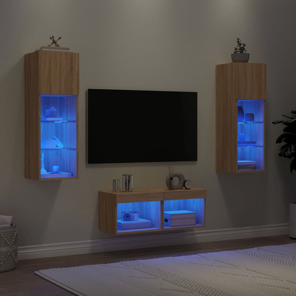 Vetonek Muebles de TV de pared con luces LED 4 piezas roble Sonoma